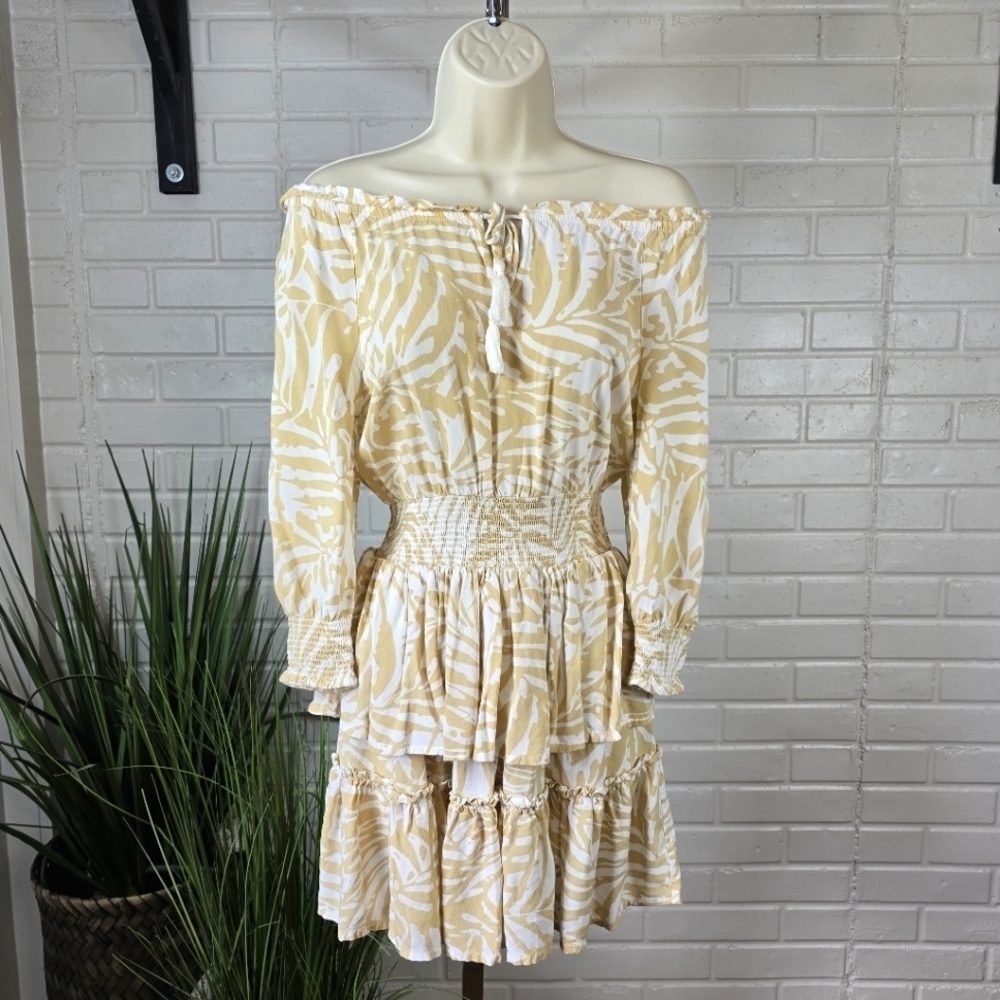 Patrons Of Peace Tiered Yellow and White Off-Shoulder Mini Dress Sz Extra Small